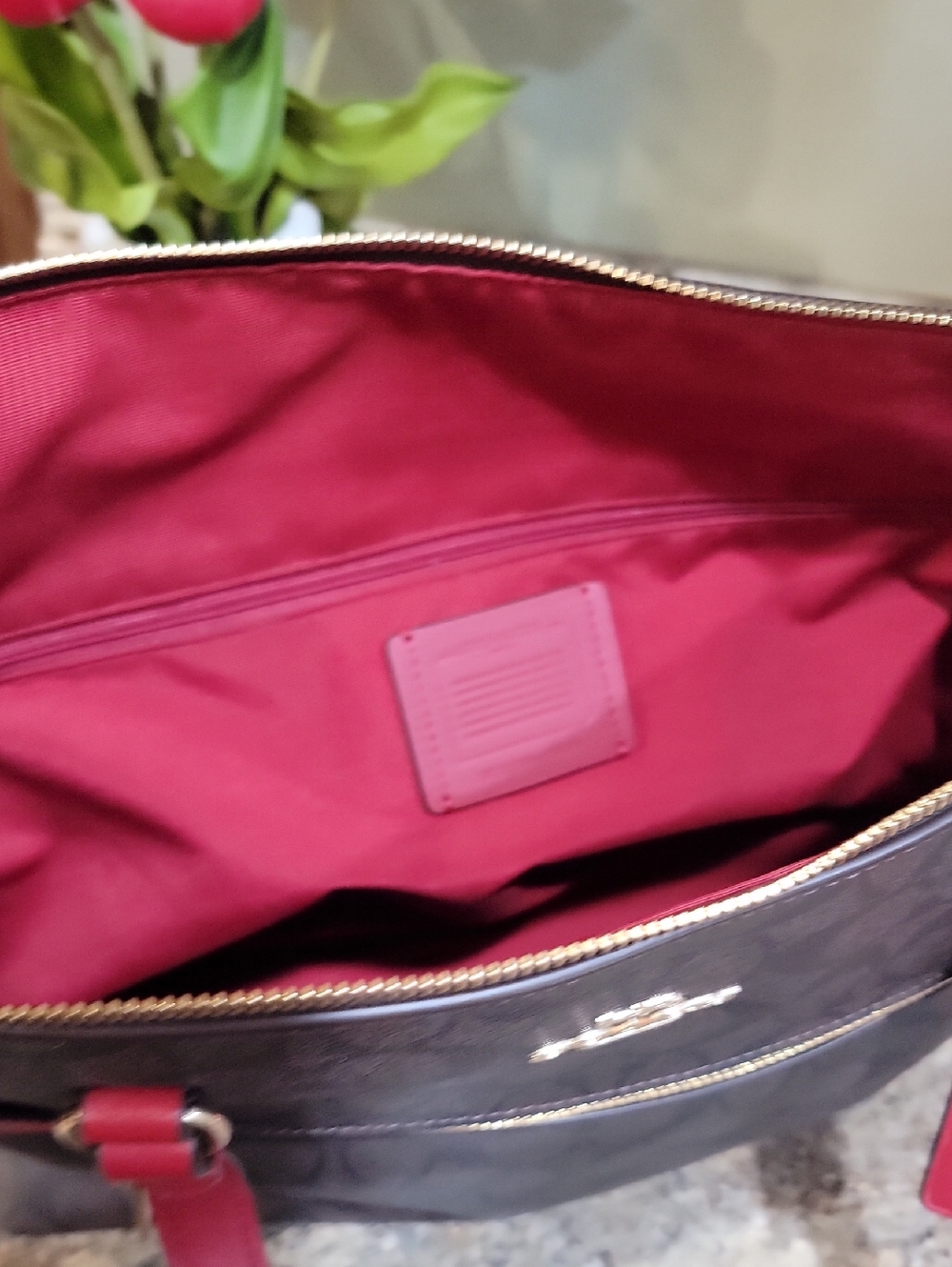 Coach Gallery Tote in Signature Canvas, red /brown color - Picture 9 of 10